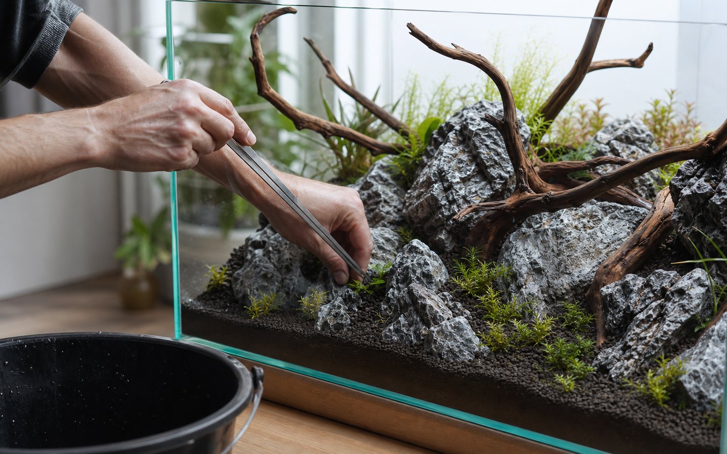 An aquascaper arranging plants and hardscape in a freshwater aquarium.