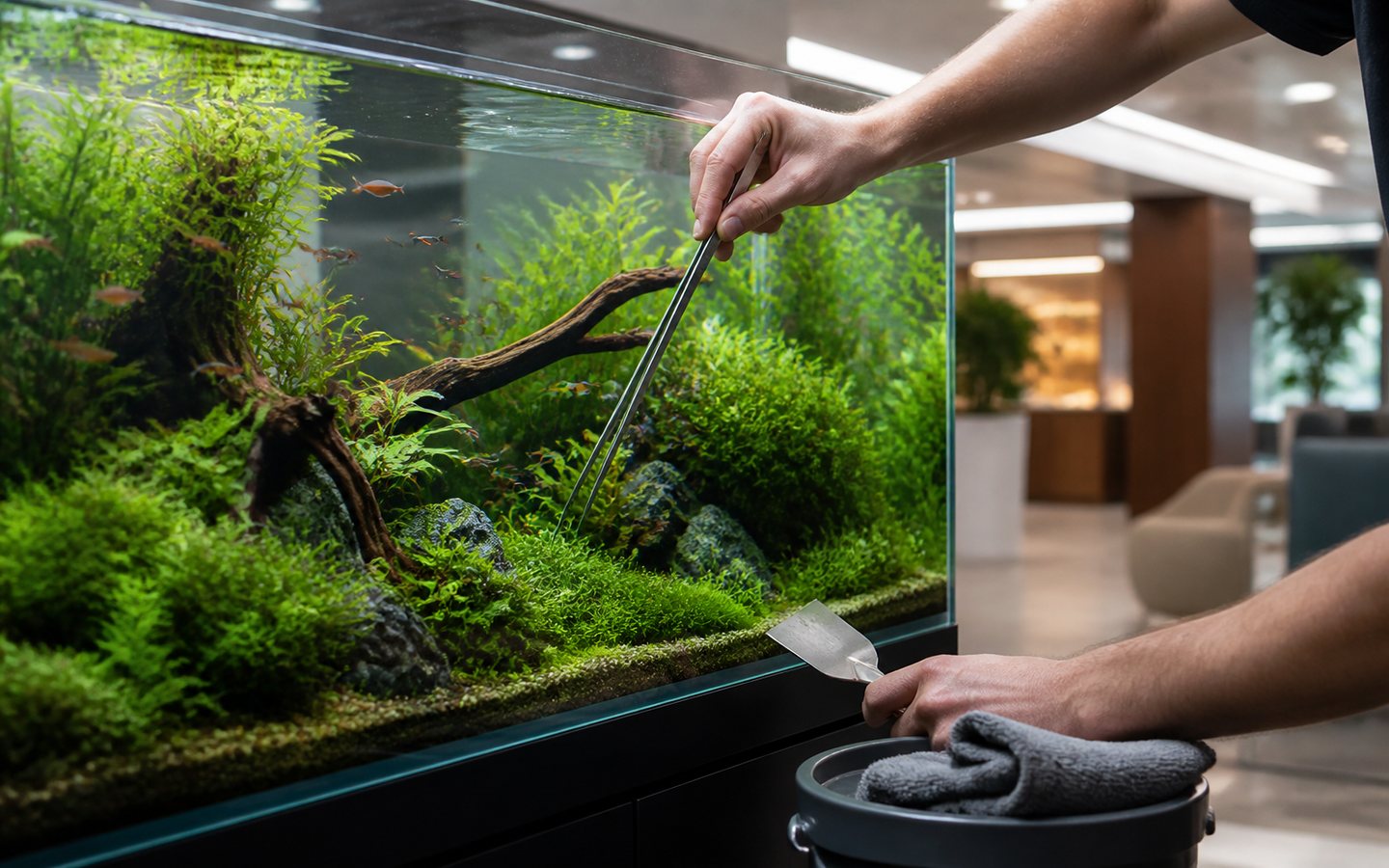 A planted freshwater display being professionally maintained in a contemporary workplace.