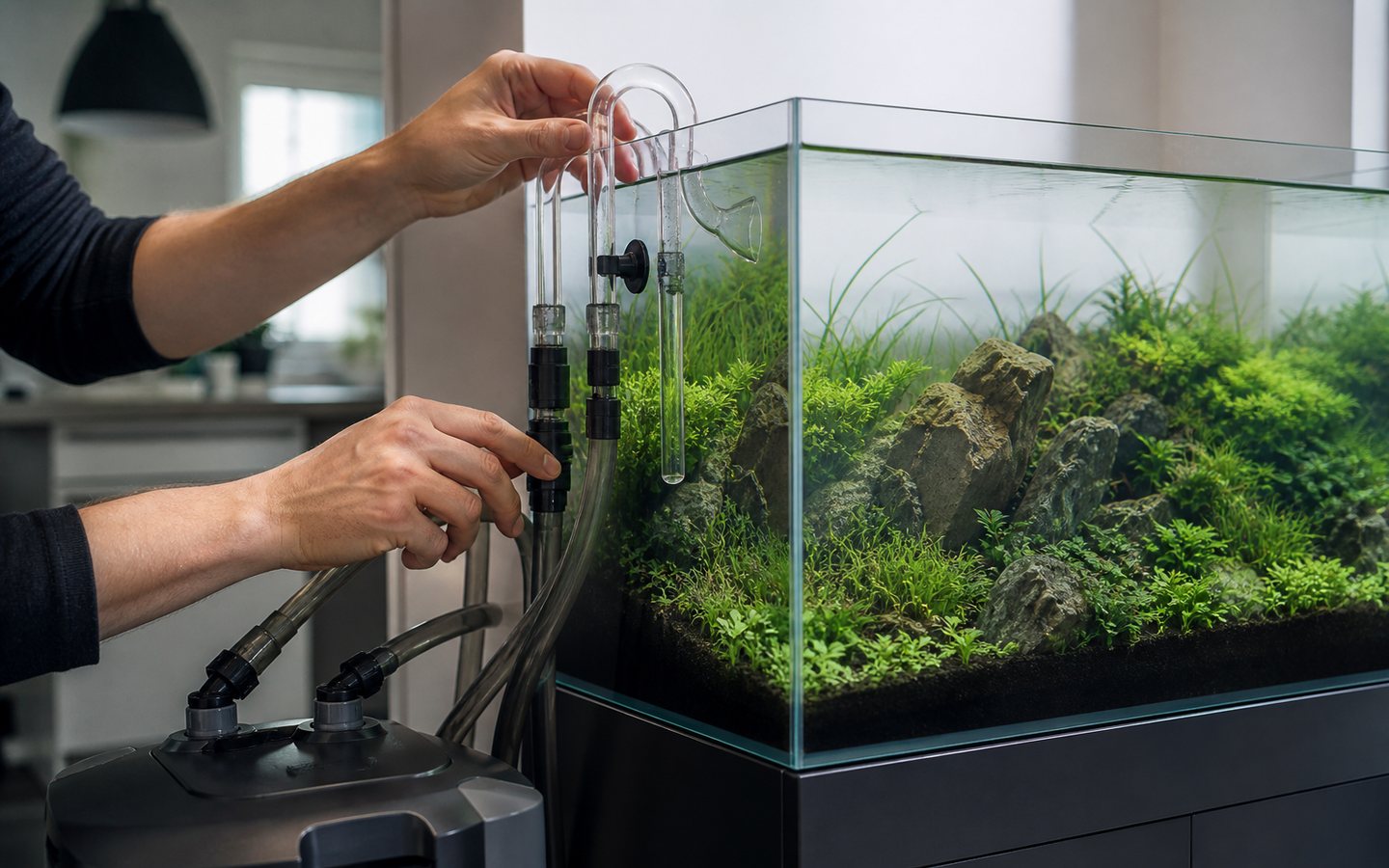 An aquarium installer connecting filtration equipment beside a newly planted freshwater aquarium.